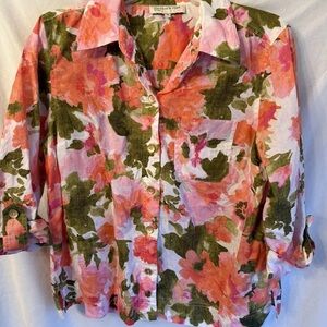 100% Linen Jones New York Sport Floral Button-Up in Pink & Olive
